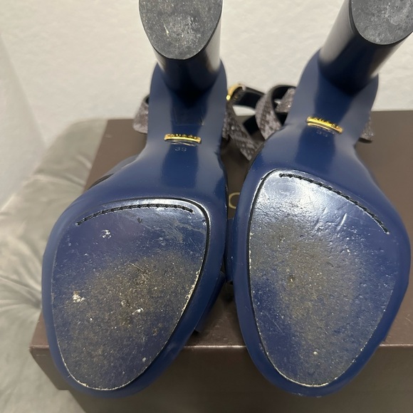 GUCCI platform sandals, Navy blue with snake skin ankle straps, Size 39 - Picture 9 of 11